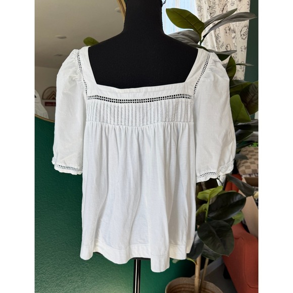 Banana Republic White Square Neck Pintuck Puff Sleeve Peasant Blouse Top Size L - Picture 4 of 9